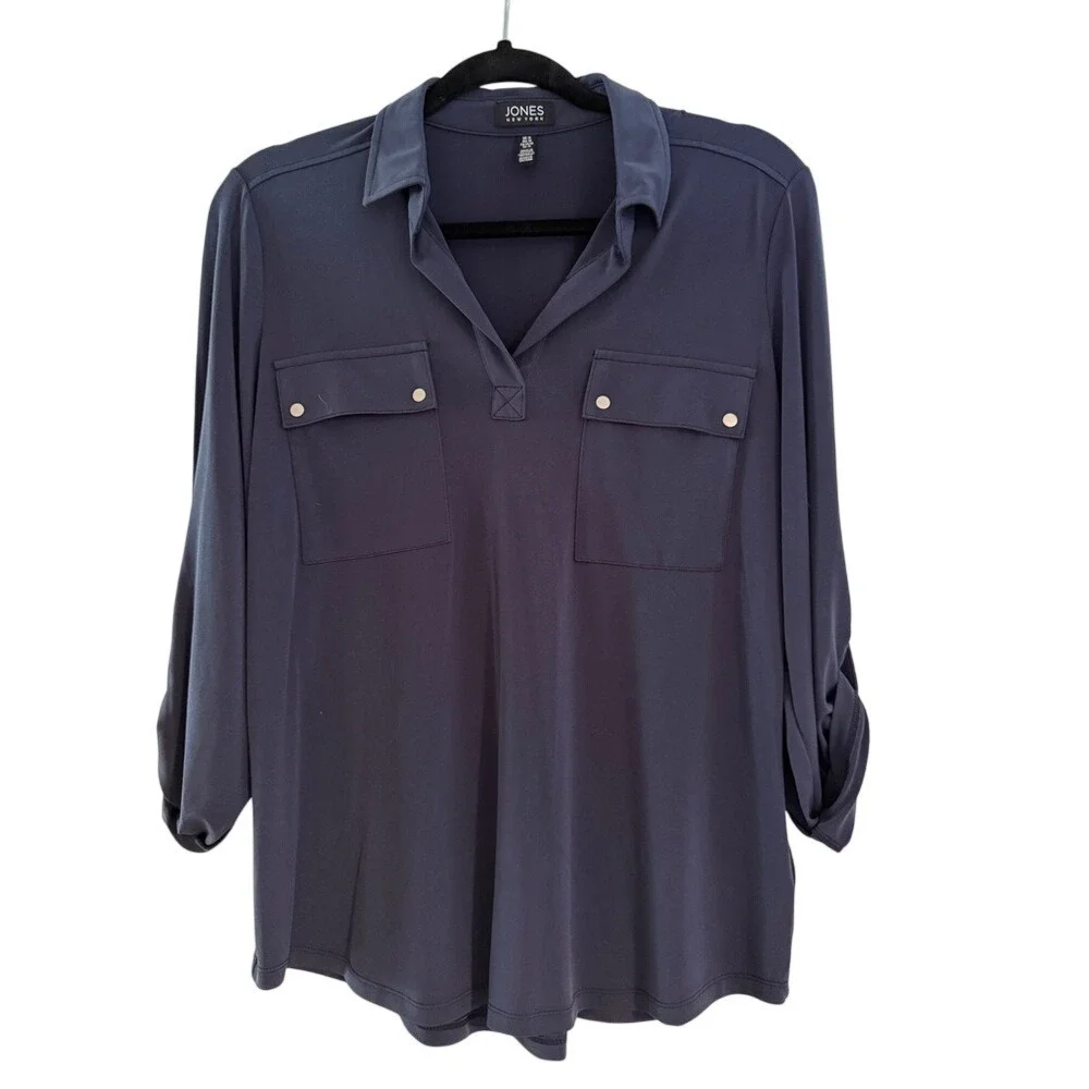 JONES NEW YORK Women's Navy Blue Collared Pocket Tunic Top Size Medium